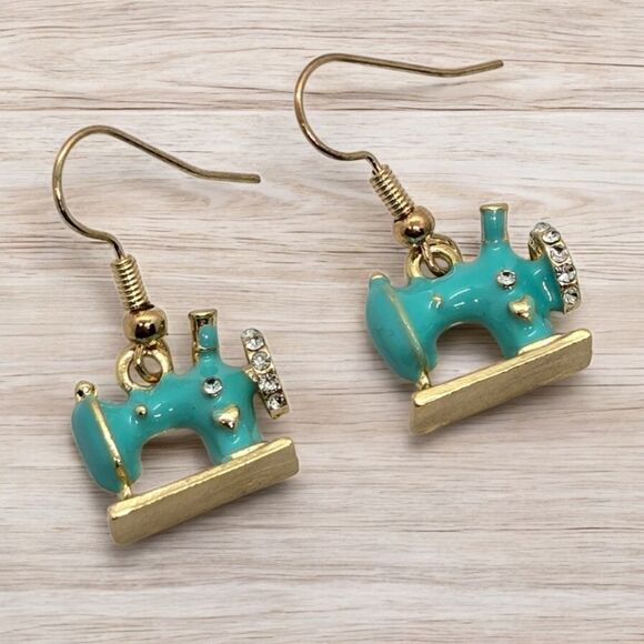 Vintage Sewing Machine Earrings Turquoise Enamel Pierced Hobby Seamstress Gift - Picture 3 of 8